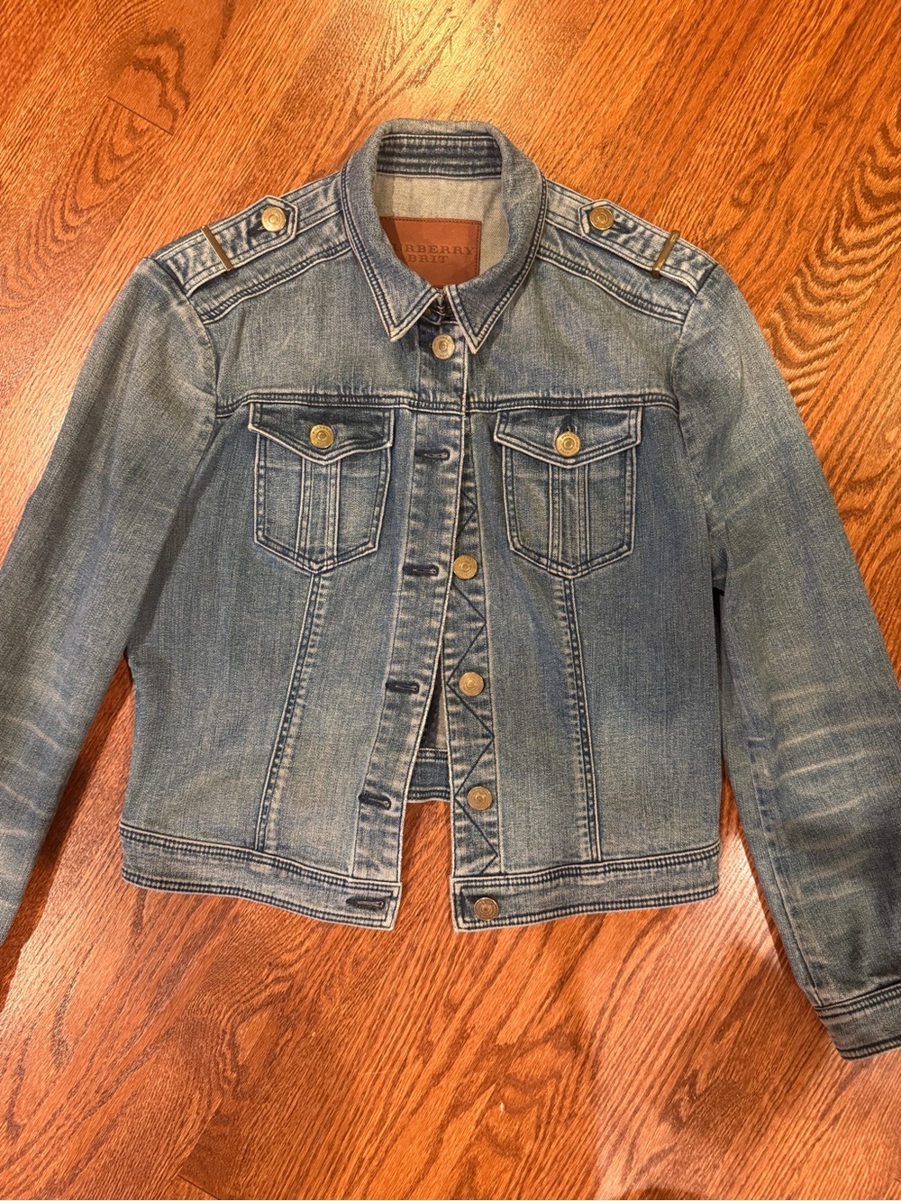 Burberry Distressed Light Blue Denim Jacket with Gold Buttons Size M